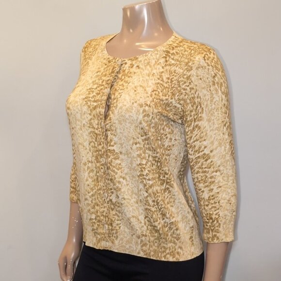 Talbots Animal Print Cardigan Sweater Crop Sleeve Button Front Petite Size Large - Picture 4 of 11